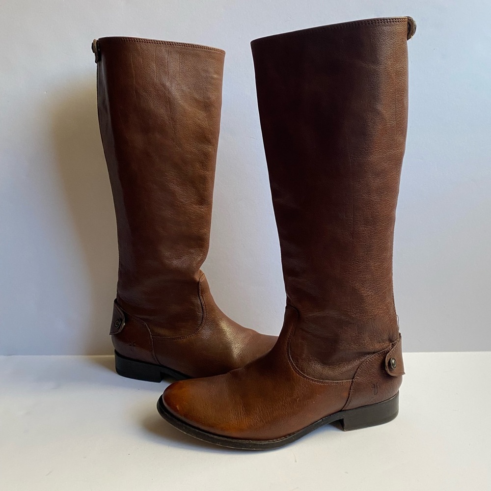 Frye Melissa Tall Zip Back Button Riding Boots Cognac Brown Womens 9